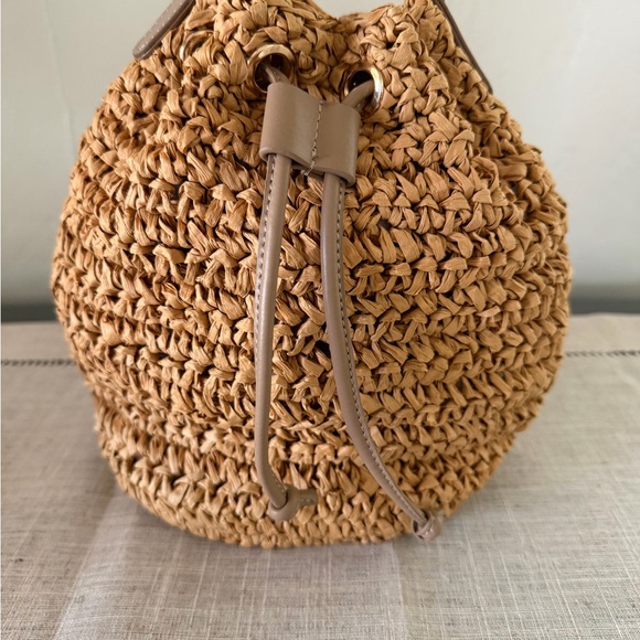 Woven Straw Bucket Bag with Tan Leather Trim - Picture 4 of 10